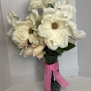 Elegant Cream Magnolia Bouquet in Glass Vase with Pink Ribbon. 22 inches tall.